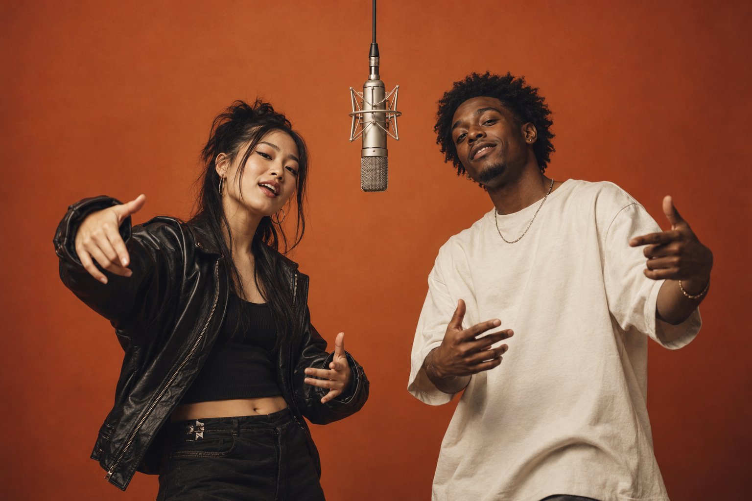 Two fictional friends performing beside a silver hanging microphone in a warm orange studio