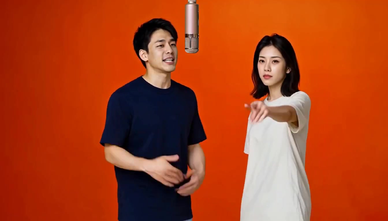 Two fictional adults performing a rap duet on an orange stage with a hanging microphone